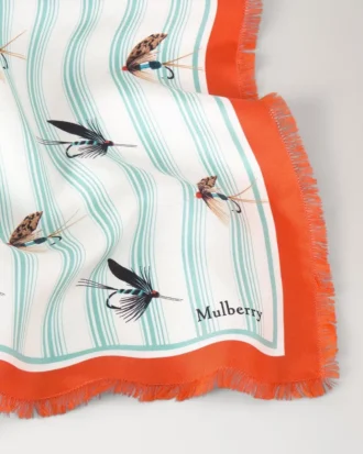 Fyrkantig scarf – Feather Lure marinblå & korallorange silkestwill Fyrkantig scarf – Feather Lure marinblå & korallorange silkestwill