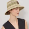 Hatt med horisontella ränder Linne Grönt papper Raffia