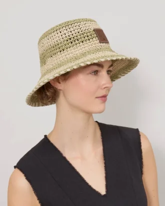 Hatt med horisontella ränder Linne Grönt papper Raffia Hatt med horisontella ränder Linne Grönt papper Raffia