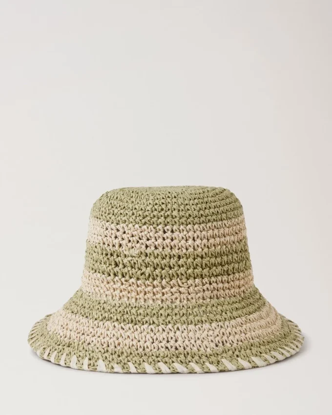 Hatt med horisontella ränder Linne Grönt papper Raffia
