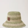 Hatt med horisontella ränder Linne Grönt papper Raffia