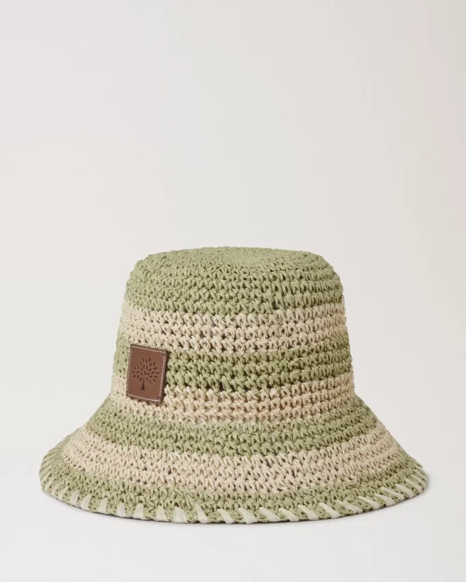 Hatt med horisontella ränder Linne Grönt papper Raffia