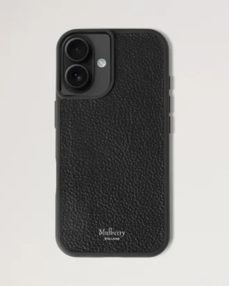 Iphone 16-fodral Svart Litet Klassiskt kornat Läder för kvinnor