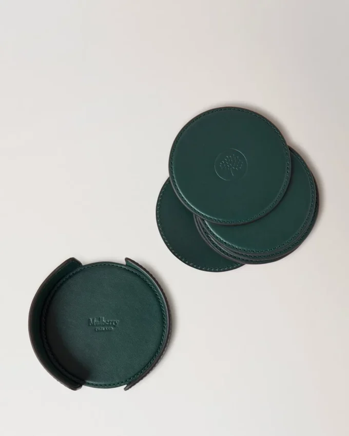 Läderunderläggsset i Mulberry Green kalvskinn