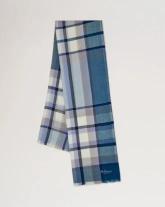 Mega Check-halsduk i poplin, blå och ecru, kashmirblandning Mega Check-halsduk i poplin, blå och ecru, kashmirblandning