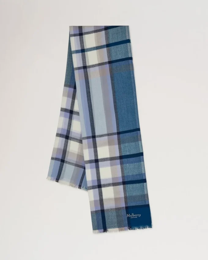 Mega Check-halsduk i poplin, blå och ecru, kashmirblandning Mega Check-halsduk i poplin, blå och ecru, kashmirblandning