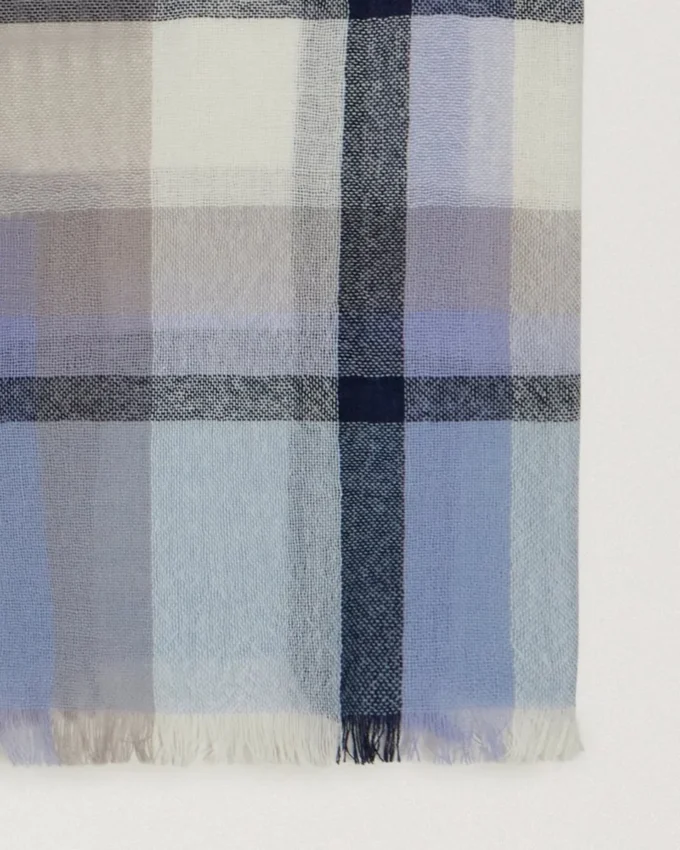 Mega Check-halsduk i poplin, blå och ecru, kashmirblandning Mega Check-halsduk i poplin, blå och ecru, kashmirblandning