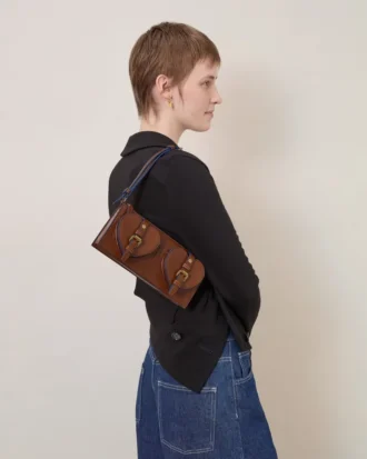 Mini Roxanne axelväska i ek och pigmentblått slätt glansigt läder