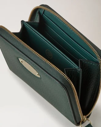 Mulberry-plakett, liten plånbok med dragkedja runt om, Mulberry Green, liten, klassisk struktur
