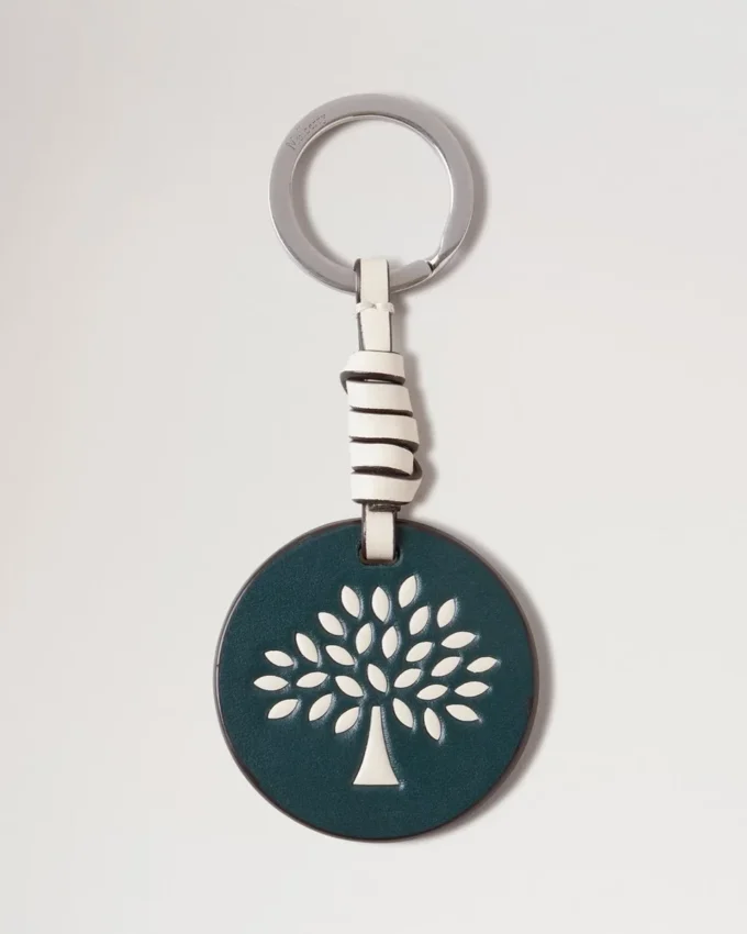 Nyckelring i läder med mullbärsträd, Mulberry Green och äggskalsvitt högblankt läder