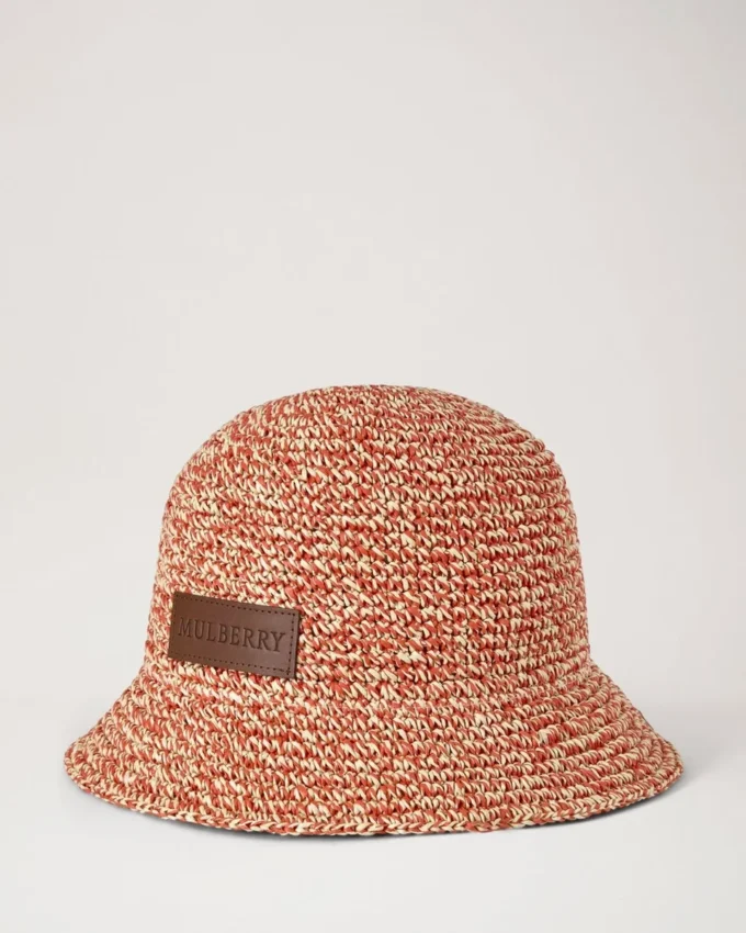 Raffia-buckethat i korallorange och kritvit 100 % pappersraffia Raffia-buckethat i korallorange och kritvit 100 % pappersraffia