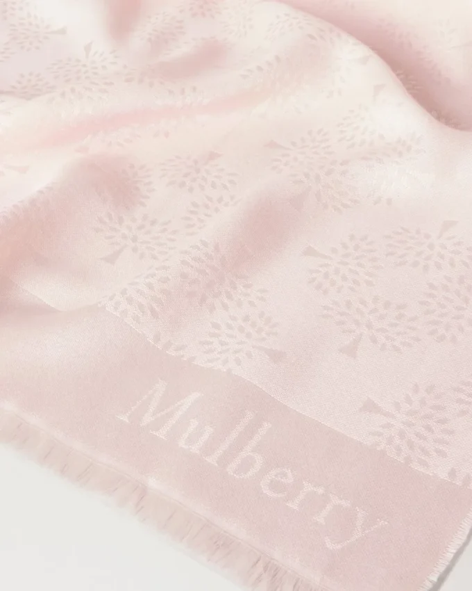 Rektangulär scarf med Mulberry-träd i blommande rosa bomulls- och sidenblandning Rektangulär scarf med Mulberry-träd i blommande rosa bomulls- och sidenblandning