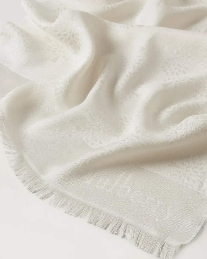 Rektangulär scarf med Mulberry-träd i krämfärgad bomulls- och silkesblandning