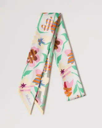Smal scarf – grafiskt blommönster Linen Green & Buttermilk Återvunnen polyester