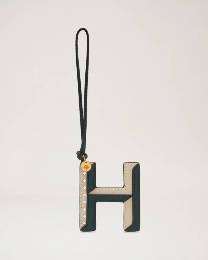 Tvåfärgad lädernyckelring – H Mulberry Green & Chalk Silky Calf