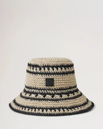 Virkad bucket hat i beige och svart pappersraffia för män Virkad bucket hat i beige och svart pappersraffia för män
